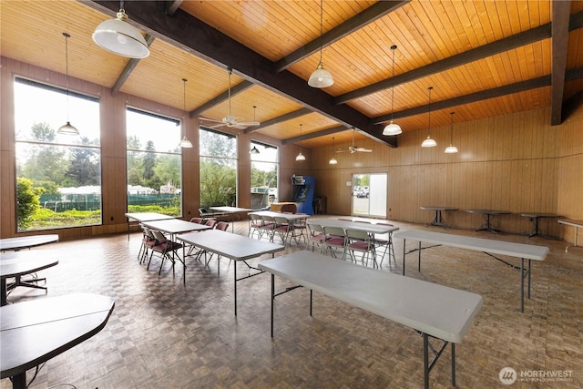 15713 81st St E Unit 135, Puyallup, WA 98372 - game room with wood walls, high vaulted ceiling, wood ceiling, beam ceiling, and a ceiling fan