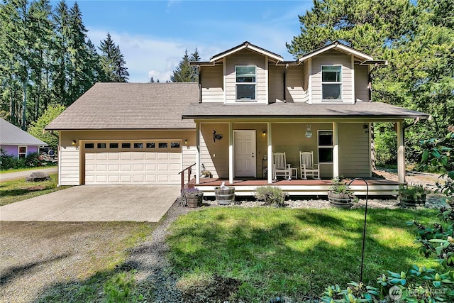 view of front facade with a shingled roof, a garage, a porch, a front yard, and driveway