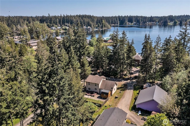 bird's eye view with a water view and a forest view
