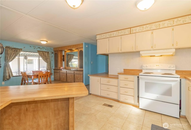 kitchen featuring butcher block countertops, white electric stove, visible vents, and under cabinet range hood