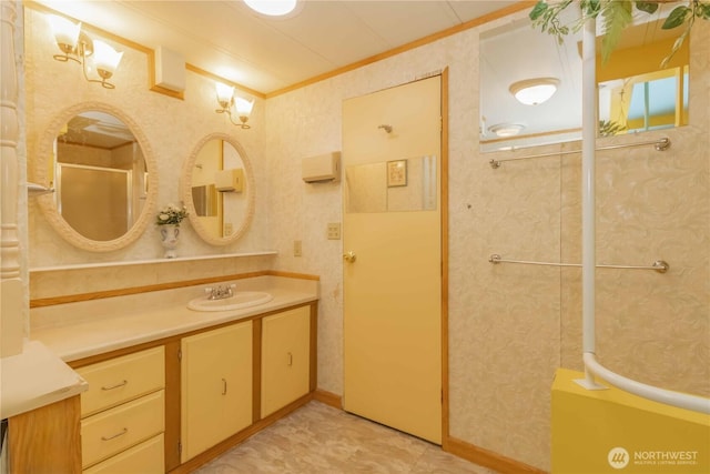 full bath featuring crown molding, a shower, a bathtub, and vanity