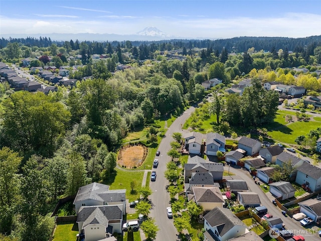 bird's eye view featuring a view of trees and a residential view
