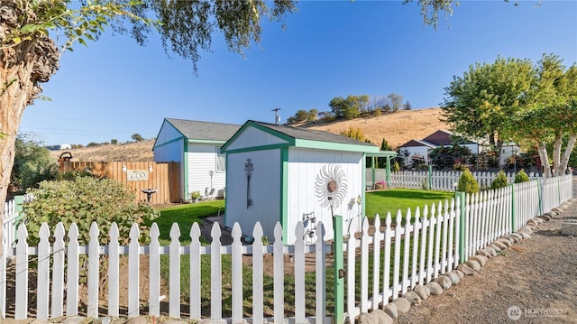 view of shed featuring a fenced backyard