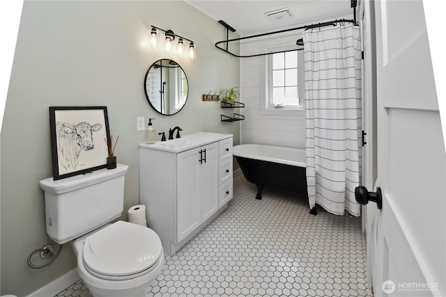 1517 Pioneer Hwy, Silvana, WA 98287 - bathroom with vanity, shower / bath combo, toilet, and visible vents