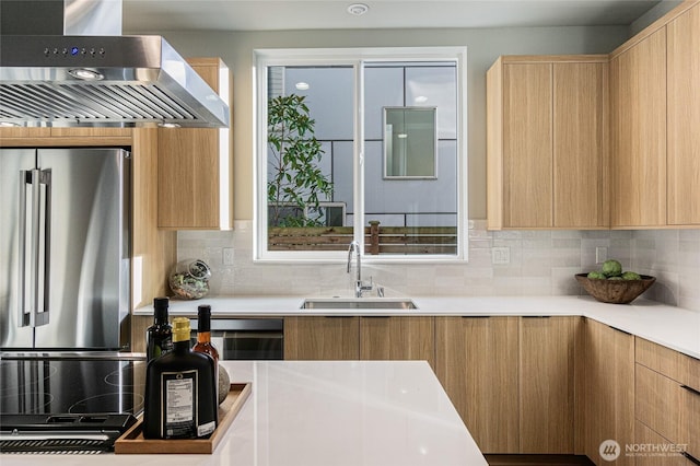 kitchen with a sink, wall chimney exhaust hood, and modern cabinets