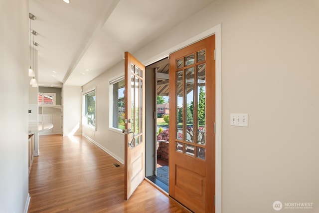 entryway with baseboards and wood finished floors