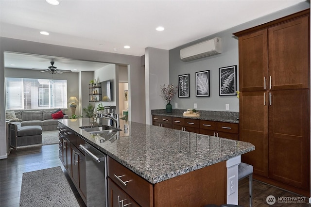 13146 83rd Ln S, Seattle, WA 98178 - kitchen with dark wood-style flooring, a sink, dishwasher, an AC wall unit, and recessed lighting
