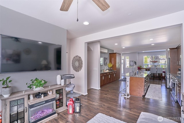 13146 83rd Ln S, Seattle, WA 98178 - living room featuring baseboards, a ceiling fan, recessed lighting, and dark wood-type flooring