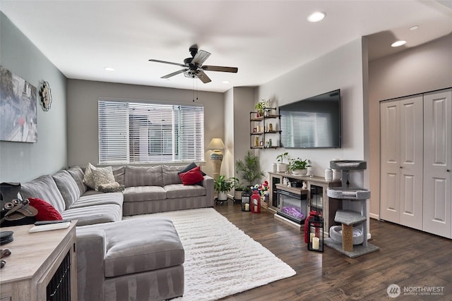 13146 83rd Ln S, Seattle, WA 98178 - living room with recessed lighting, ceiling fan, and dark wood-style flooring