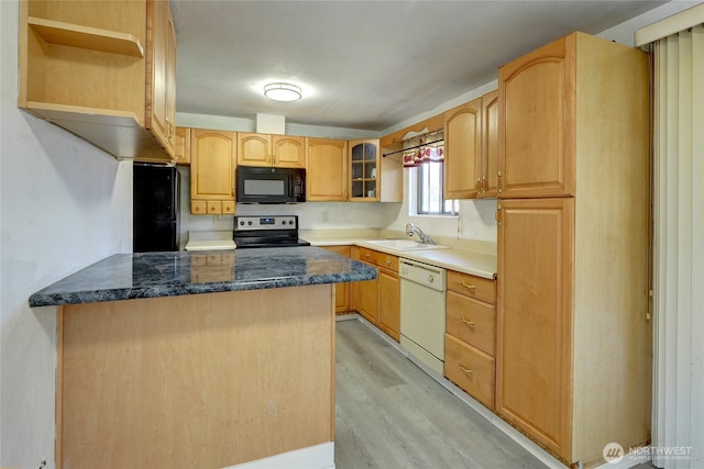 1917 E 60th St, Tacoma, WA 98404 - kitchen featuring open shelves, a sink, black appliances, a peninsula, and light wood-style flooring