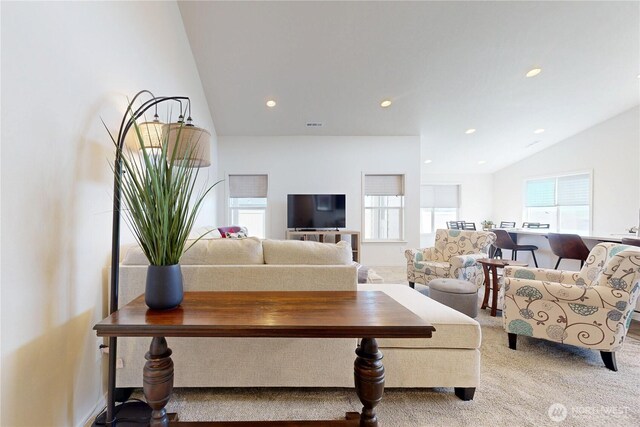 3 Gregory St, Milton-Freewater, OR 97862 - living area with vaulted ceiling, carpet flooring, and recessed lighting