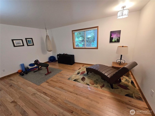 sitting room with baseboards and wood finished floors