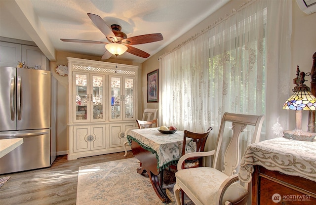 dining space with a ceiling fan and light wood-type flooring