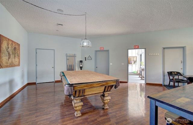 playroom featuring baseboards, a textured ceiling, pool table, and wood finished floors
