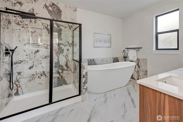 21403 39th Dr SE Unit B, Bothell, WA 98021 - full bath featuring a soaking tub, a marble finish shower, a wainscoted wall, marble finish floors, and vanity