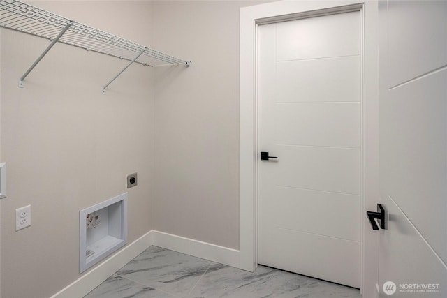 21403 39th Dr SE Unit B, Bothell, WA 98021 - laundry area featuring hookup for an electric dryer, light marble finish floors, and baseboards
