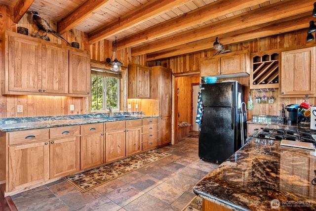 0 Boyd Rd, White Pass, WA 98377 - kitchen with freestanding refrigerator, a sink, wood walls, and wooden ceiling