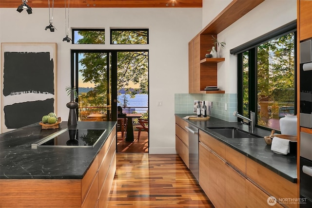 kitchen with a sink, open shelves, light wood-type flooring, stainless steel dishwasher, and black electric stovetop