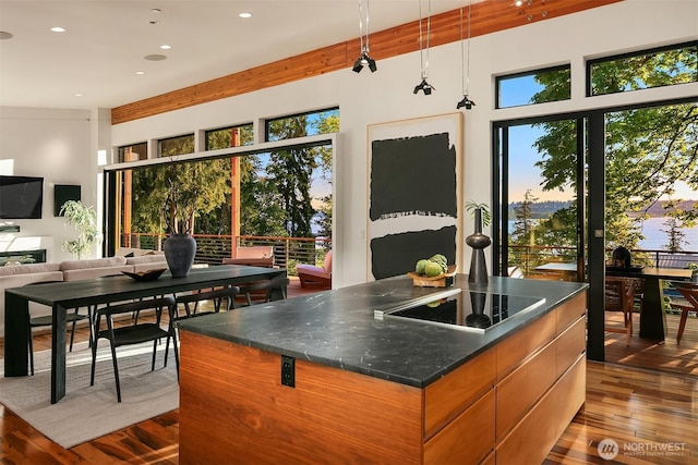 kitchen featuring black electric stovetop, recessed lighting, pendant lighting, wood-type flooring, and modern cabinets