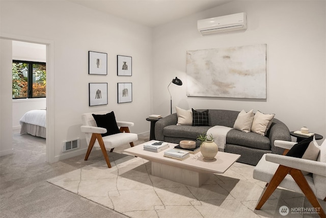 living area featuring baseboards, carpet flooring, visible vents, and a wall mounted AC