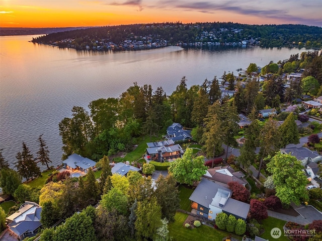 aerial view at dusk featuring a water view and a residential view