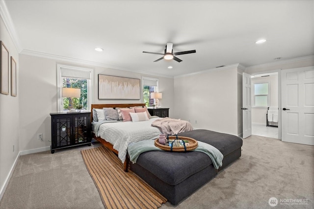 bedroom with light carpet, baseboards, multiple windows, ornamental molding, and recessed lighting