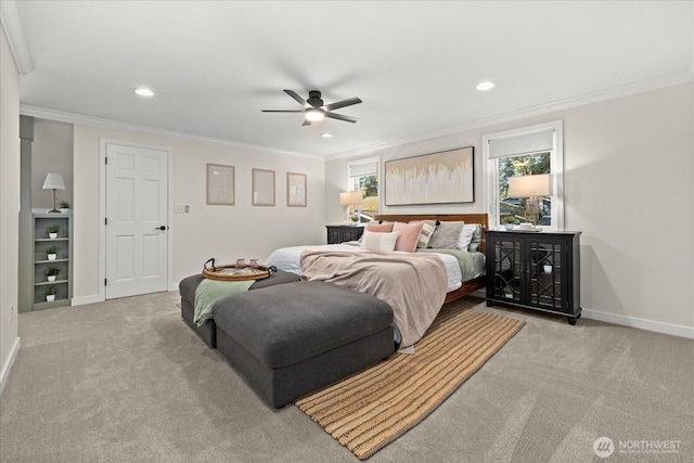 bedroom with carpet, recessed lighting, crown molding, baseboards, and a ceiling fan