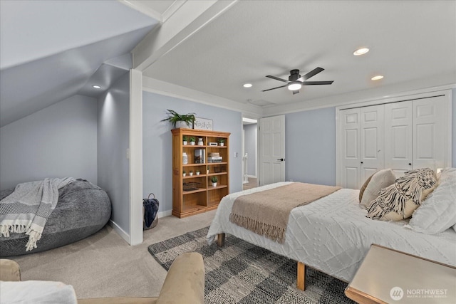 carpeted bedroom featuring recessed lighting, baseboards, a closet, and ceiling fan