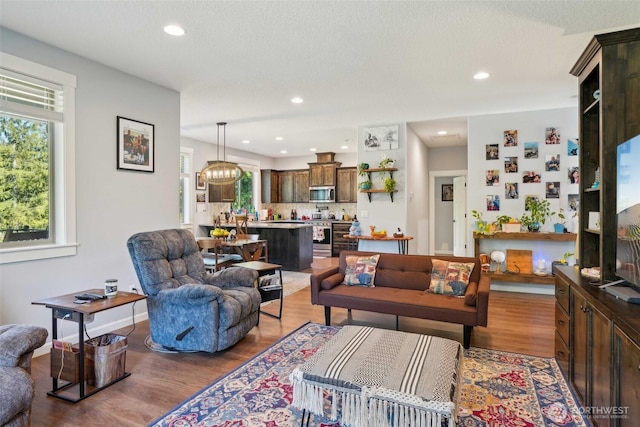 living room featuring recessed lighting and wood finished floors