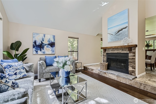 22606 NE 14th Dr, Sammamish, WA 98074 - living room with baseboards, high vaulted ceiling, wood finished floors, and a fireplace