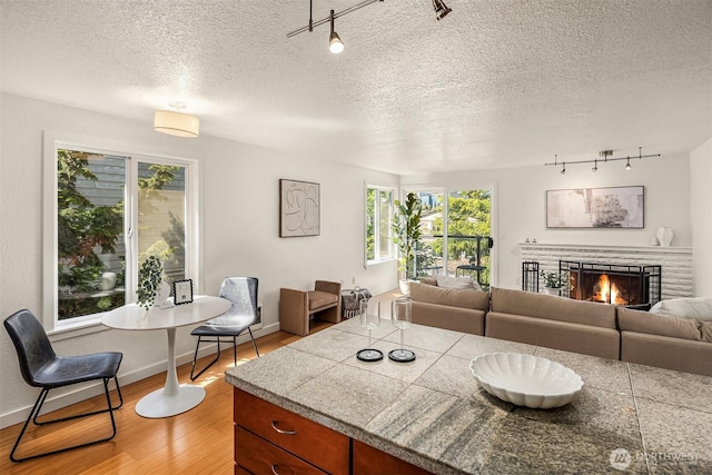 1751 NW 58th St Unit 4, Seattle, WA 98107 - living area with a brick fireplace, baseboards, a textured ceiling, rail lighting, and light wood-style flooring