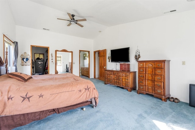 584 Gish Rd, Onalaska, WA 98570 - bedroom with carpet floors, ceiling fan, vaulted ceiling, and visible vents