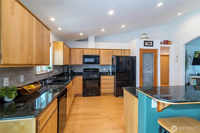 kitchen featuring a sink, lofted ceiling, light wood-type flooring, backsplash, and black appliances