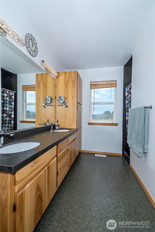 bathroom featuring double vanity, a wealth of natural light, and a sink