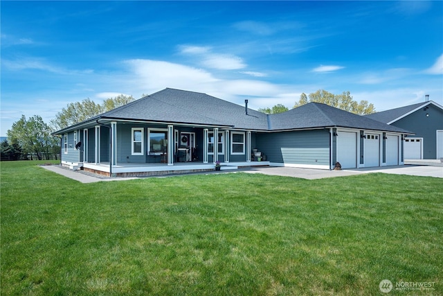 single story home featuring a garage, a front lawn, driveway, and roof with shingles