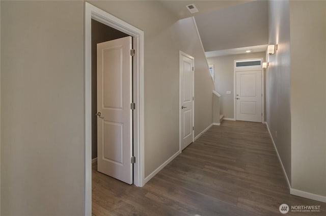 18214 37th Ave E, Tacoma, WA 98446 - hallway featuring baseboards, dark wood finished floors, and visible vents