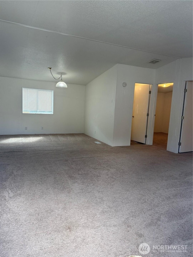 carpeted spare room with a textured ceiling