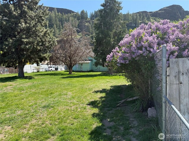 view of yard featuring fence and a mountain view