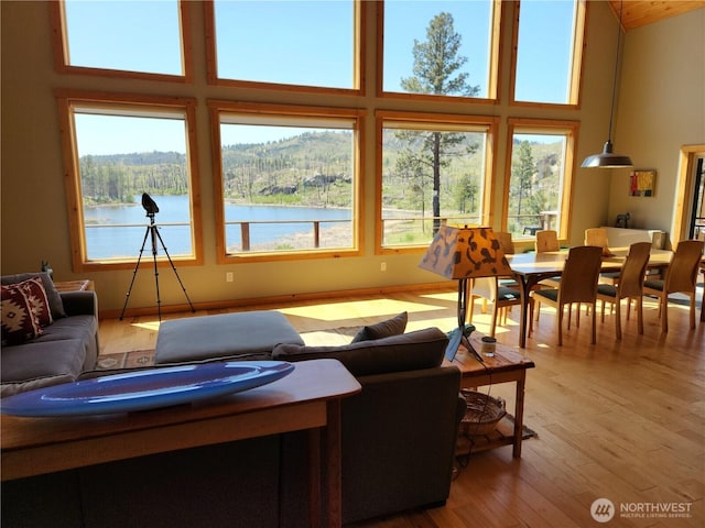 living room featuring a water view, a high ceiling, and light wood-style flooring