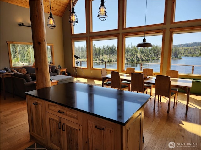 kitchen featuring dark countertops, high vaulted ceiling, light wood finished floors, open floor plan, and a water view