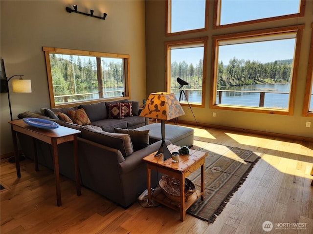 living area featuring light wood-style floors, a water view, and a high ceiling