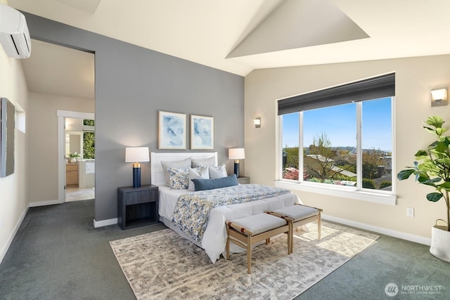 carpeted bedroom featuring baseboards, multiple windows, a wall unit AC, and vaulted ceiling