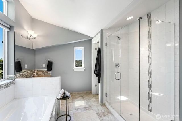 full bath featuring a garden tub, recessed lighting, a stall shower, and vaulted ceiling