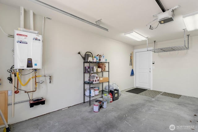 garage with tankless water heater and a garage door opener