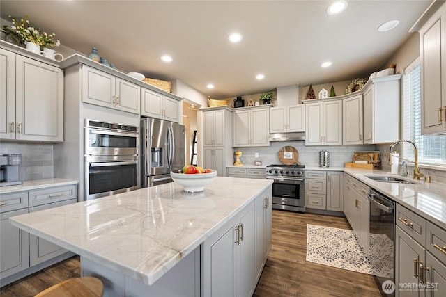 kitchen featuring gray cabinets, appliances with stainless steel finishes, a center island, a sink, and under cabinet range hood
