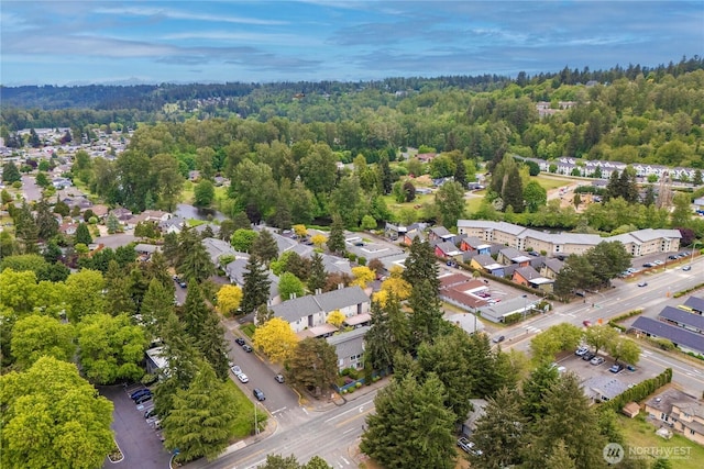aerial view of residential area featuring a forest