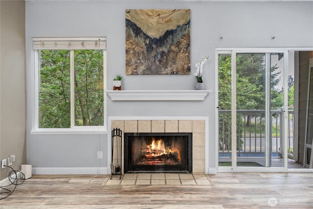 detailed view of wood finished floors, a fireplace, and baseboards