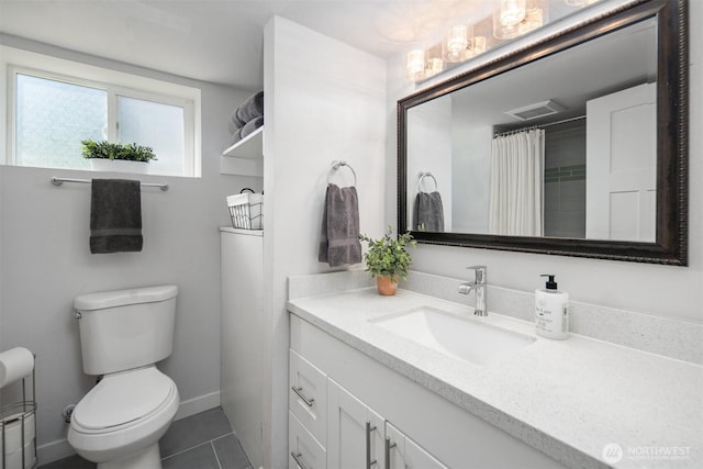 full bath featuring vanity, tile patterned flooring, toilet, and a shower with shower curtain