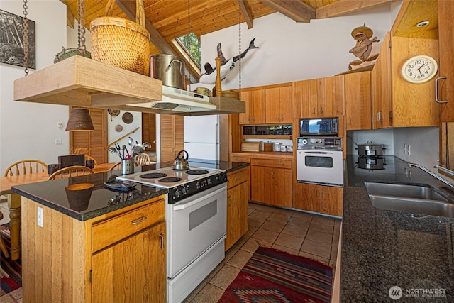 30 Smugglers Rowe, Henry Island, WA 98250 - kitchen with white appliances, wood ceiling, a sink, brown cabinetry, and dark tile patterned floors