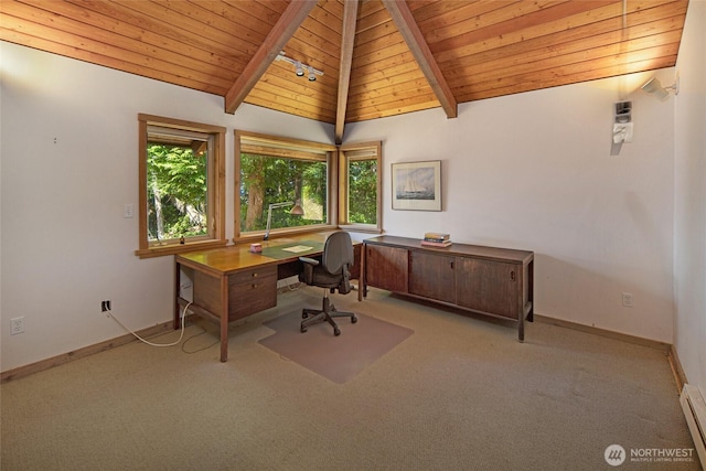 30 Smugglers Rowe, Henry Island, WA 98250 - office area featuring wood ceiling, carpet floors, baseboard heating, and baseboards